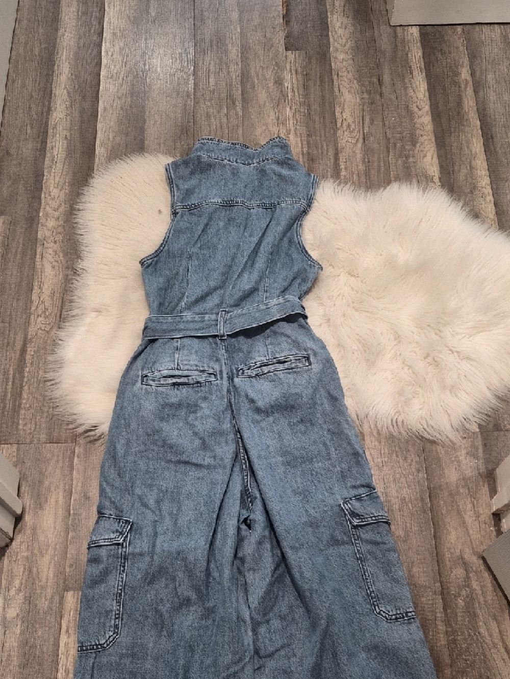 Universal Thread Light Blue Sleeveless Denim Jumpsuit with Belt - Picture 4 of 5